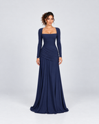 Navy Blue Ruched Square-Neck Long Sleeve Maxi Dress