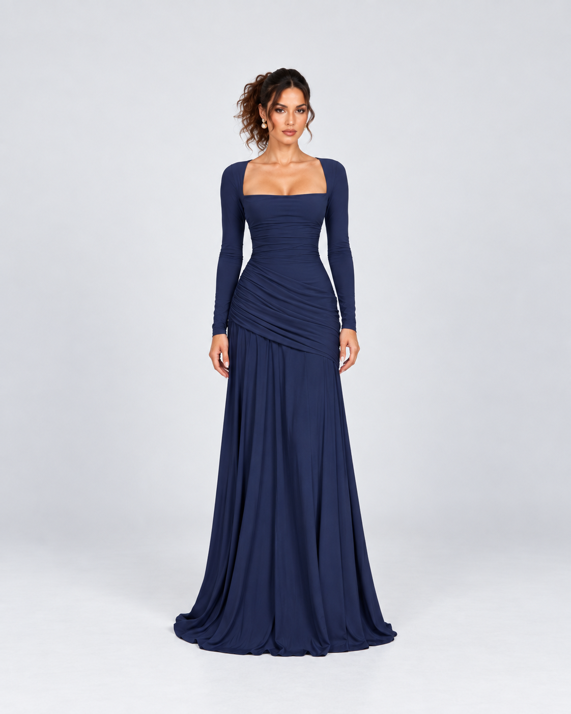 Navy Blue Ruched Square-Neck Long Sleeve Maxi Dress