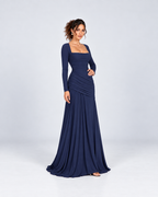 Navy Blue Ruched Square-Neck Long Sleeve Maxi Dress