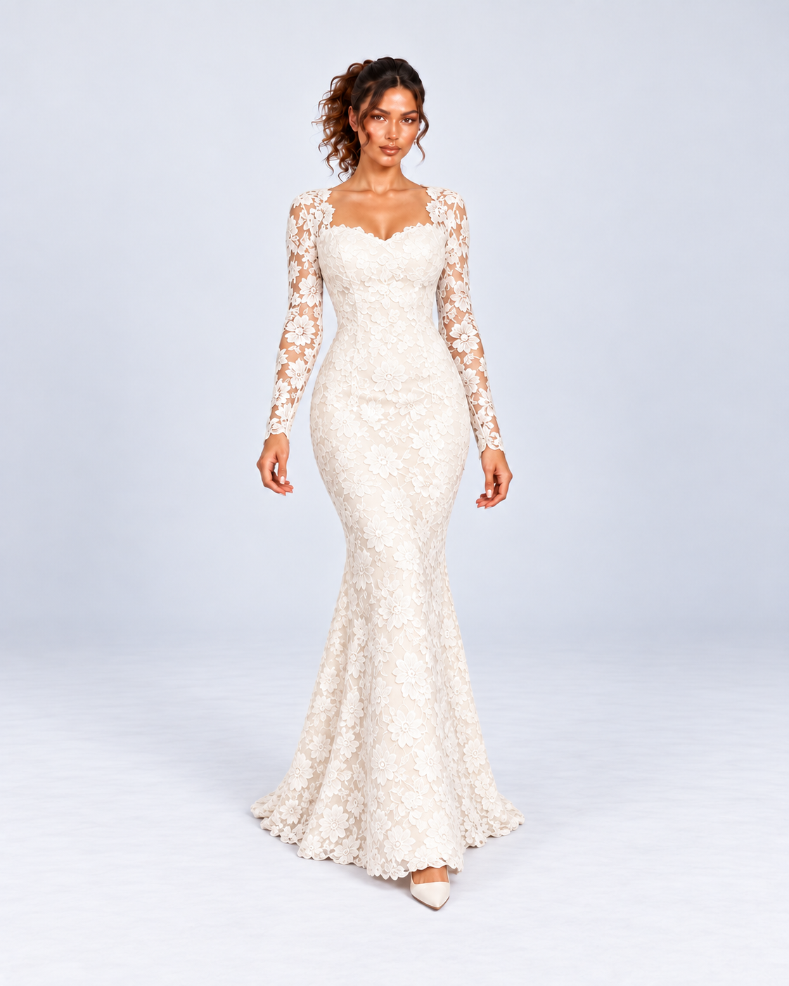 Ivory Floral Lace Long-Sleeve Mermaid Maxi Dress