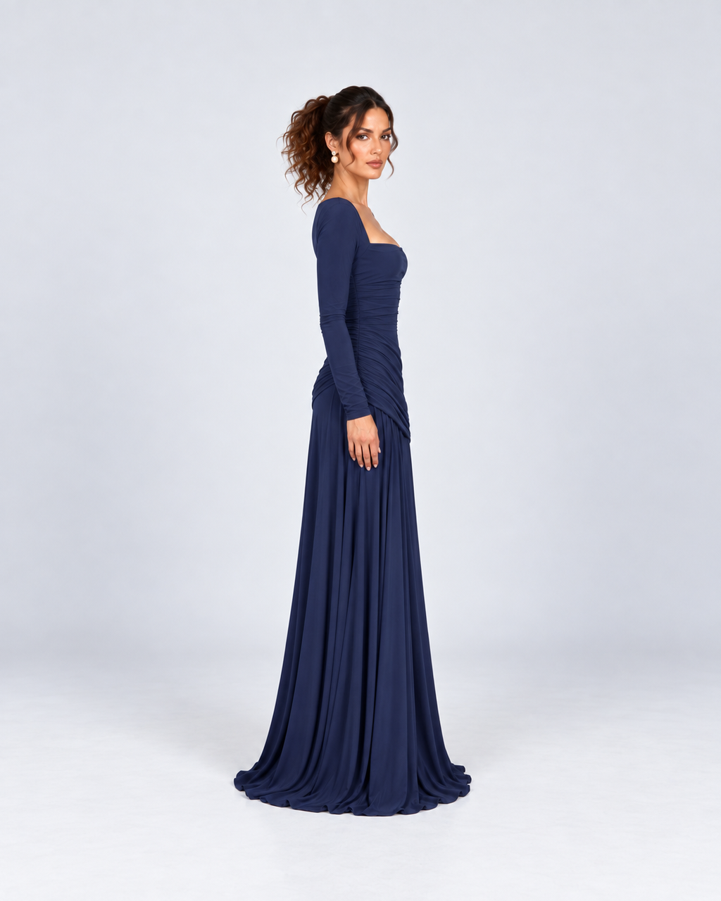 Navy Blue Ruched Square-Neck Long Sleeve Maxi Dress