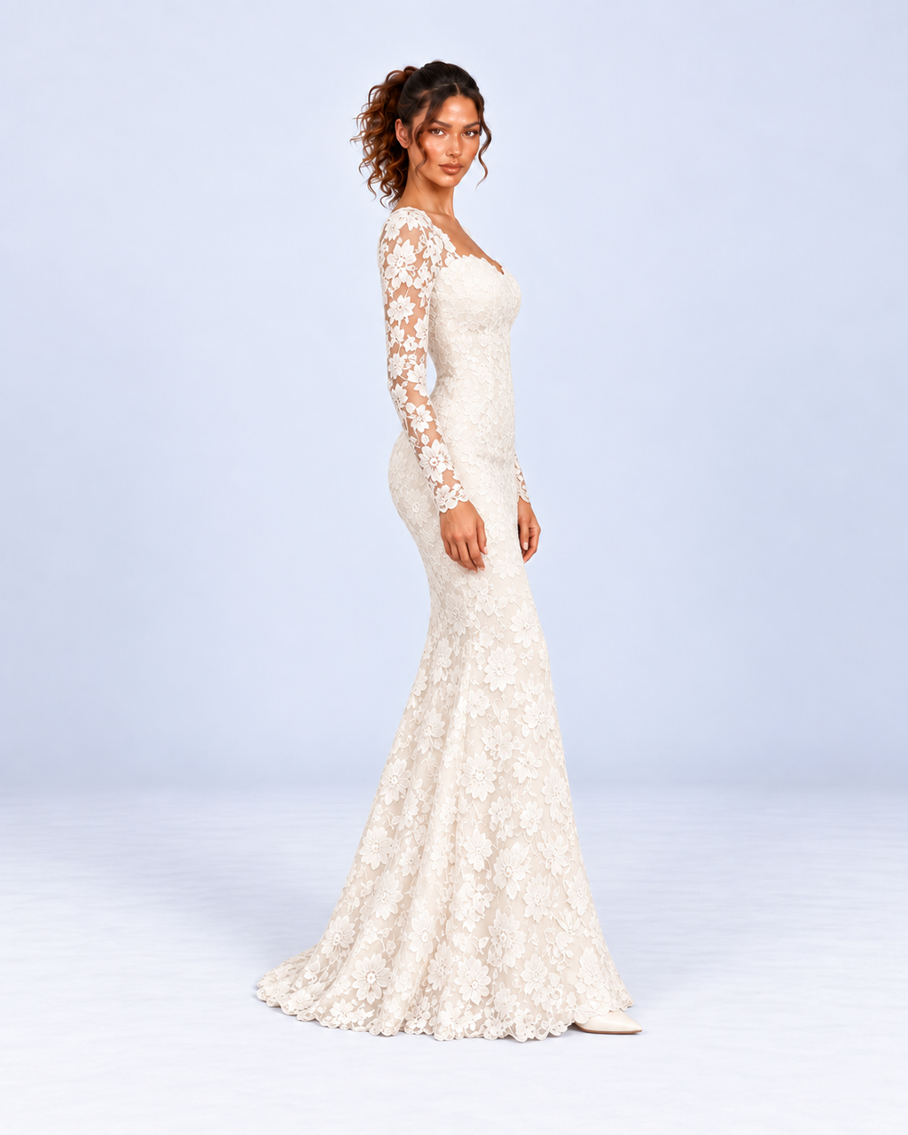 Ivory Floral Lace Long-Sleeve Mermaid Maxi Dress