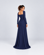 Navy Blue Ruched Square-Neck Long Sleeve Maxi Dress