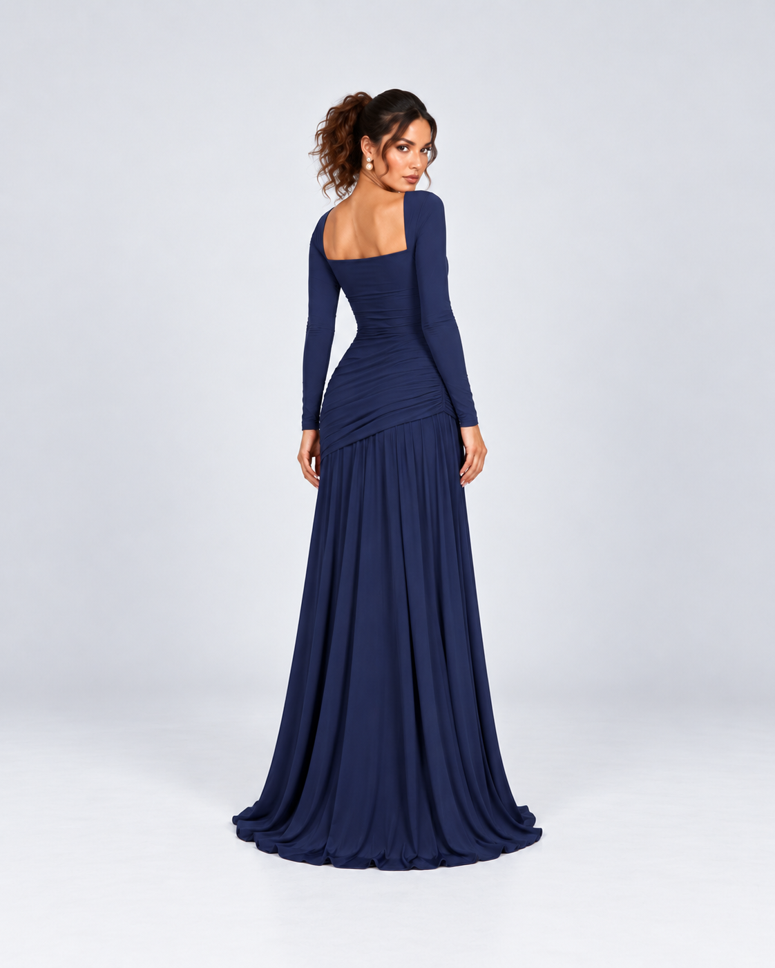 Navy Blue Ruched Square-Neck Long Sleeve Maxi Dress