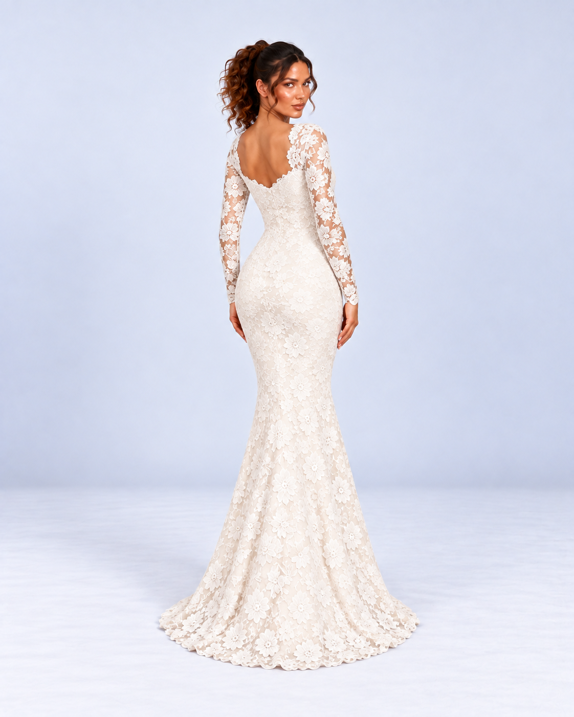 Ivory Floral Lace Long-Sleeve Mermaid Maxi Dress