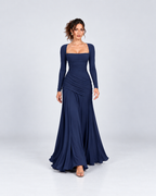 Navy Blue Ruched Square-Neck Long Sleeve Maxi Dress