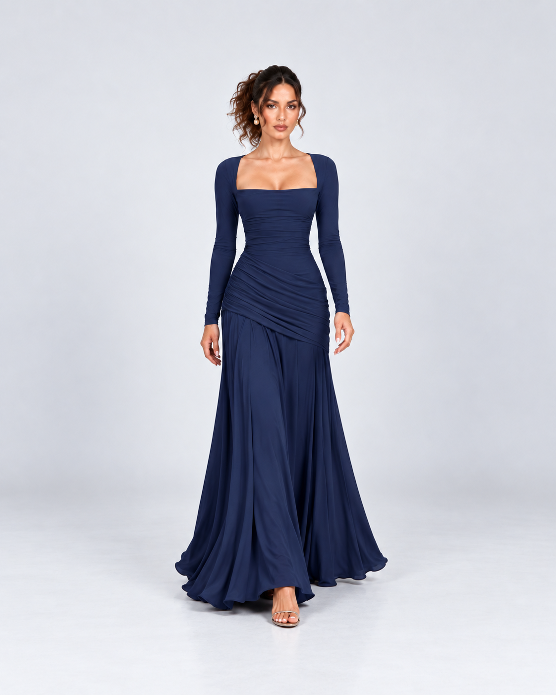 Navy Blue Ruched Square-Neck Long Sleeve Maxi Dress