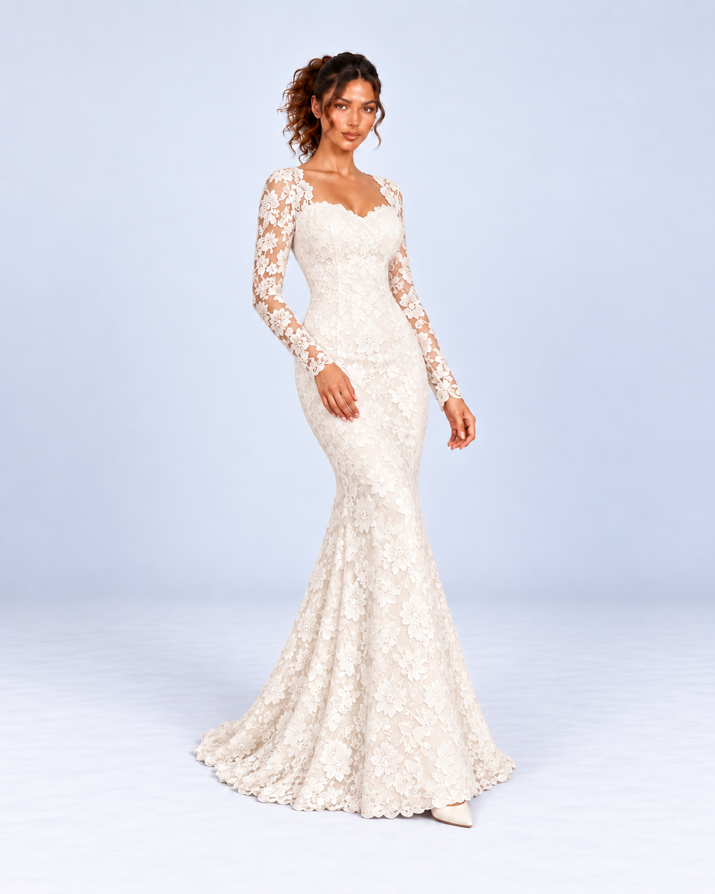 Ivory Floral Lace Long-Sleeve Mermaid Maxi Dress