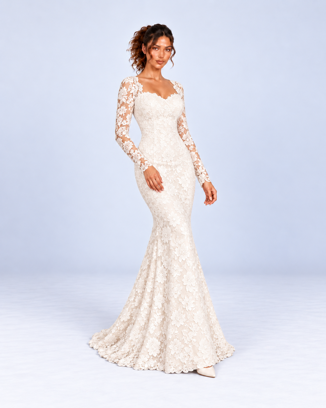 Ivory Floral Lace Long-Sleeve Mermaid Maxi Dress