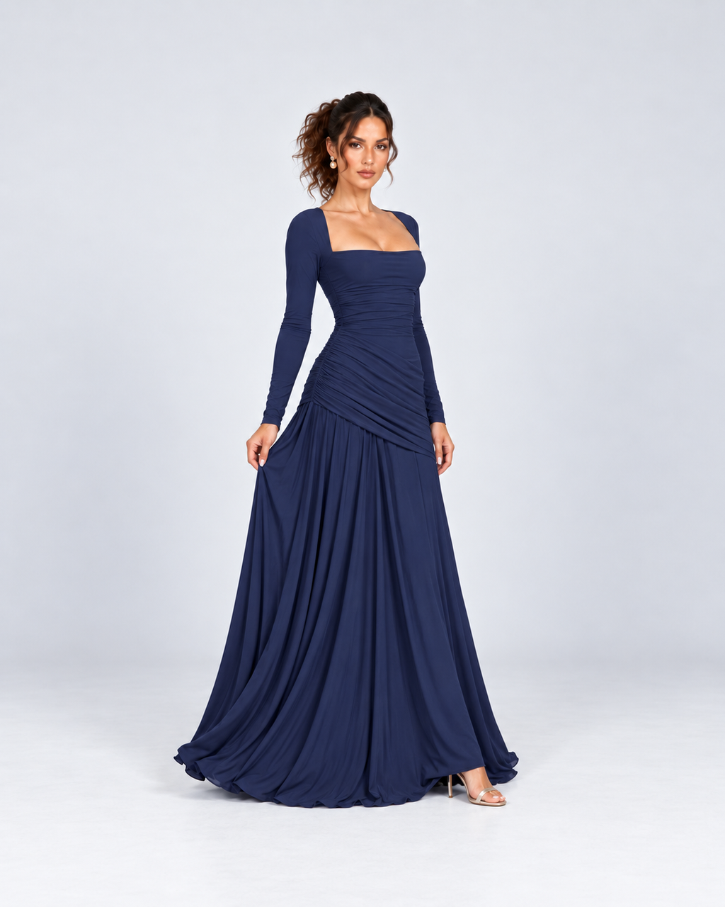 Navy Blue Ruched Square-Neck Long Sleeve Maxi Dress