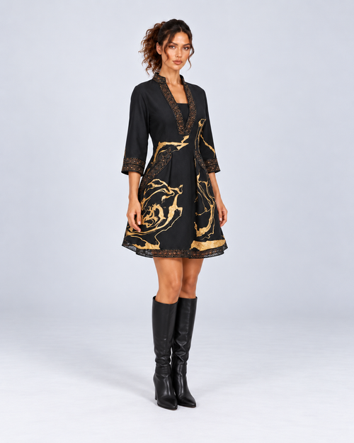 Black and Golden Embroidered V-Neck A-Line Mini Dress