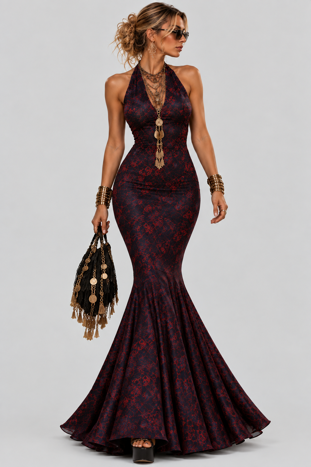 Burgundy Halter Neck Maxi Dress with Gold Detail