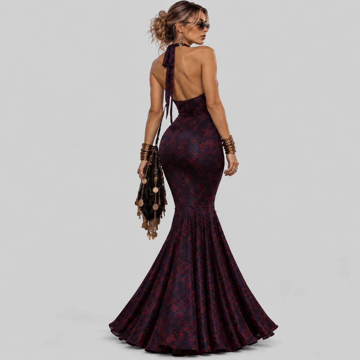 Burgundy Halter Neck Maxi Dress with Gold Detail