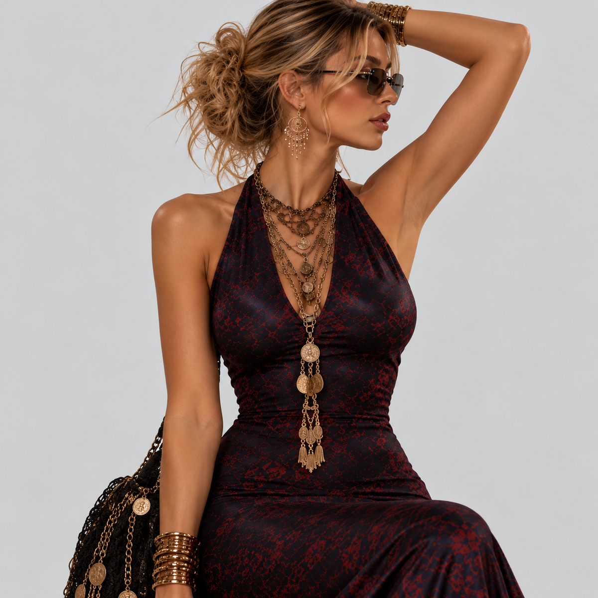 Burgundy Halter Neck Maxi Dress with Gold Detail