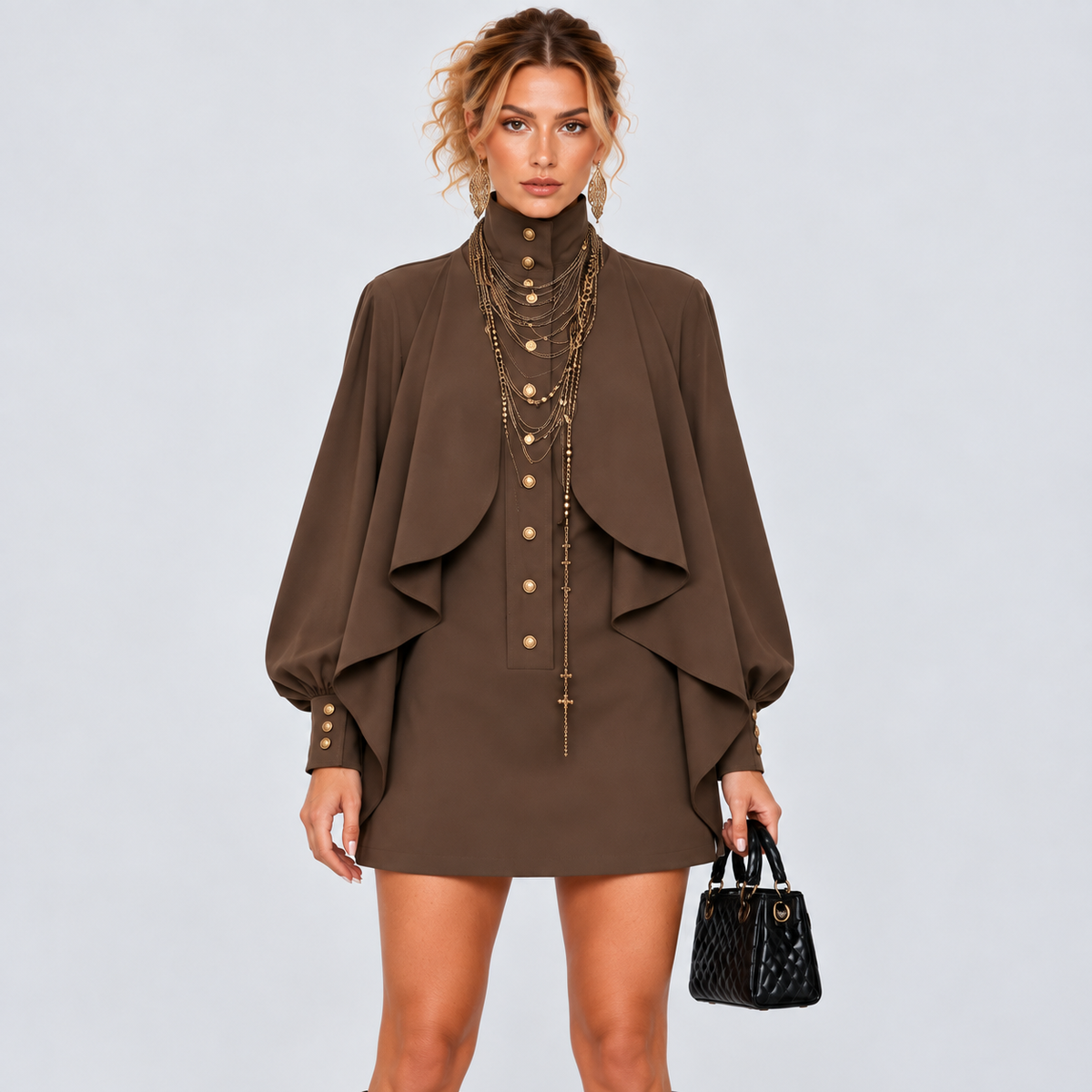 Mocha Brown High-Neck Cape-Sleeve Mini Dress