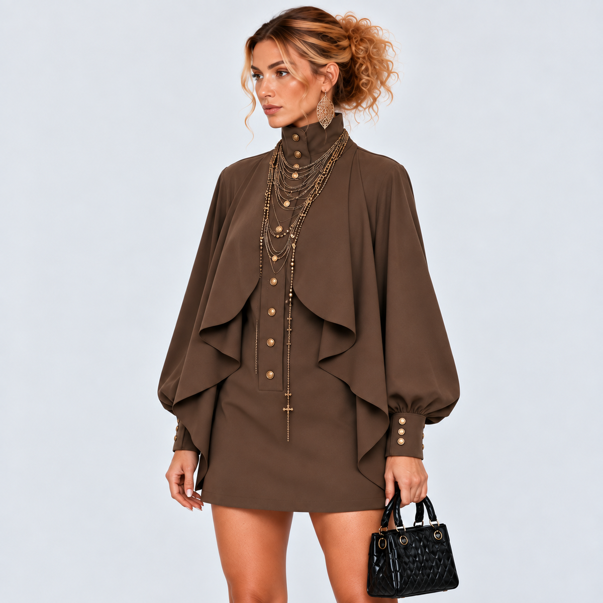 Mocha Brown High-Neck Cape-Sleeve Mini Dress