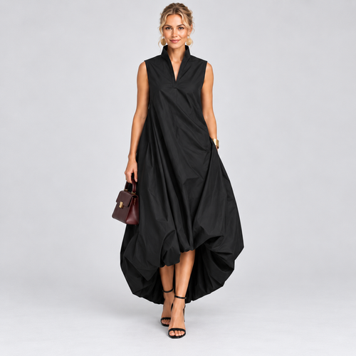 Black Sleeveless High-Neck Balloon-Hem Maxi Dress