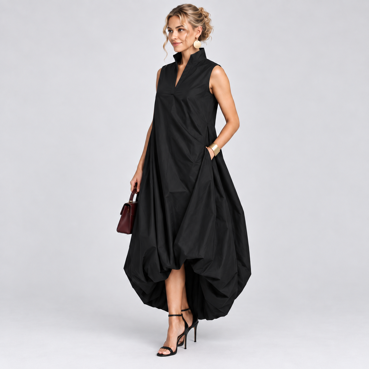 Black Sleeveless High-Neck Balloon-Hem Maxi Dress