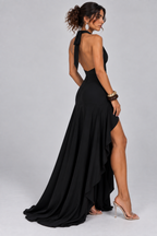 Black Halter-Neck High-Low Maxi Dress with Ruffled Hem