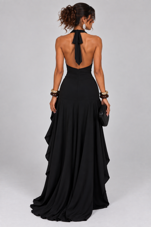 Black Halter-Neck High-Low Maxi Dress with Ruffled Hem