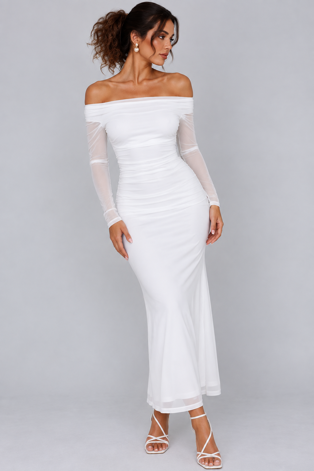 White Off-Shoulder Ruched Maxi Dress with Sheer Mesh Sleeves
