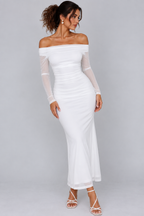 White Off-Shoulder Ruched Maxi Dress with Sheer Mesh Sleeves