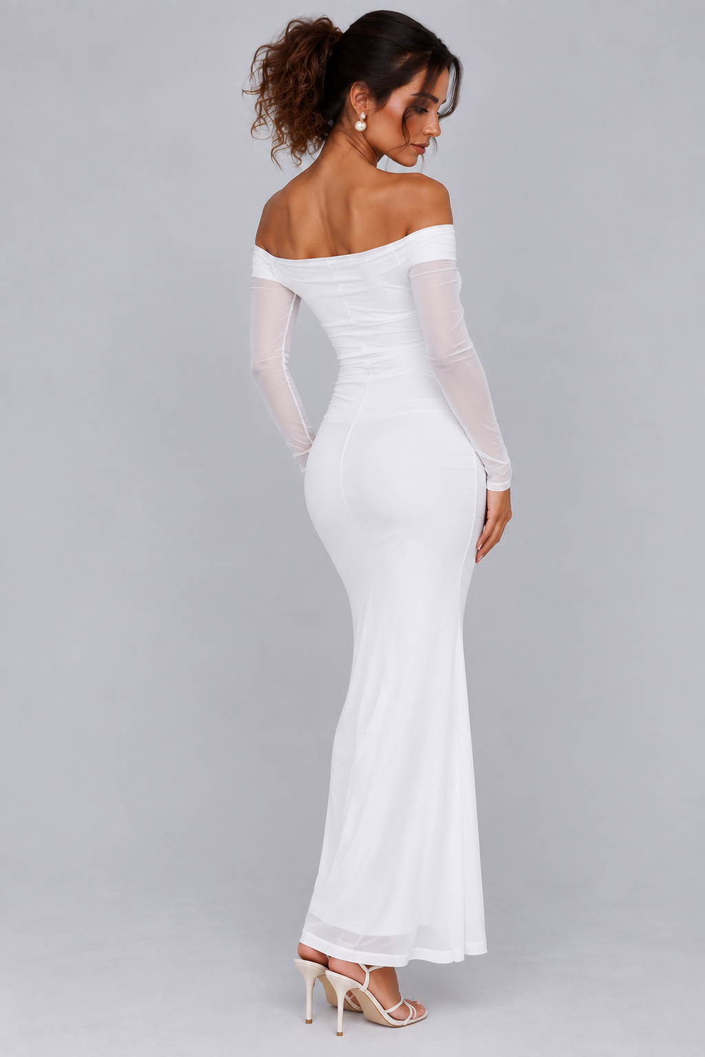 White Off-Shoulder Ruched Maxi Dress with Sheer Mesh Sleeves