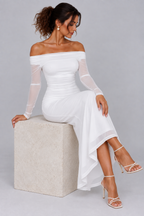 White Off-Shoulder Ruched Maxi Dress with Sheer Mesh Sleeves