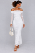 White Off-Shoulder Ruched Maxi Dress with Sheer Mesh Sleeves
