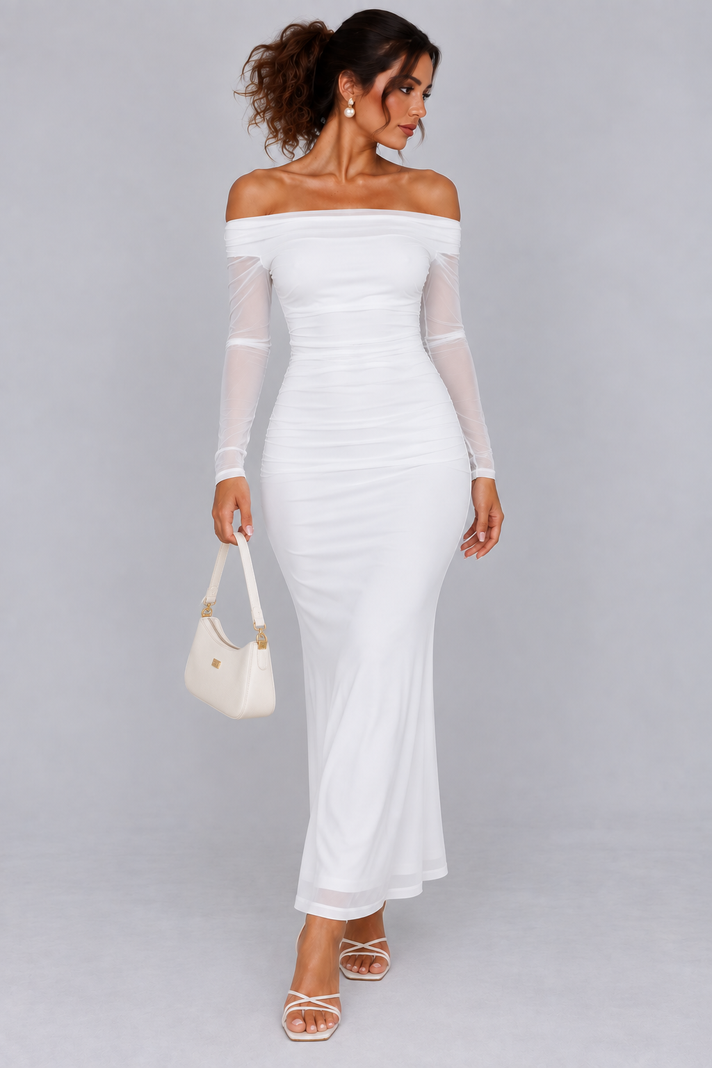 White Off-Shoulder Ruched Maxi Dress with Sheer Mesh Sleeves