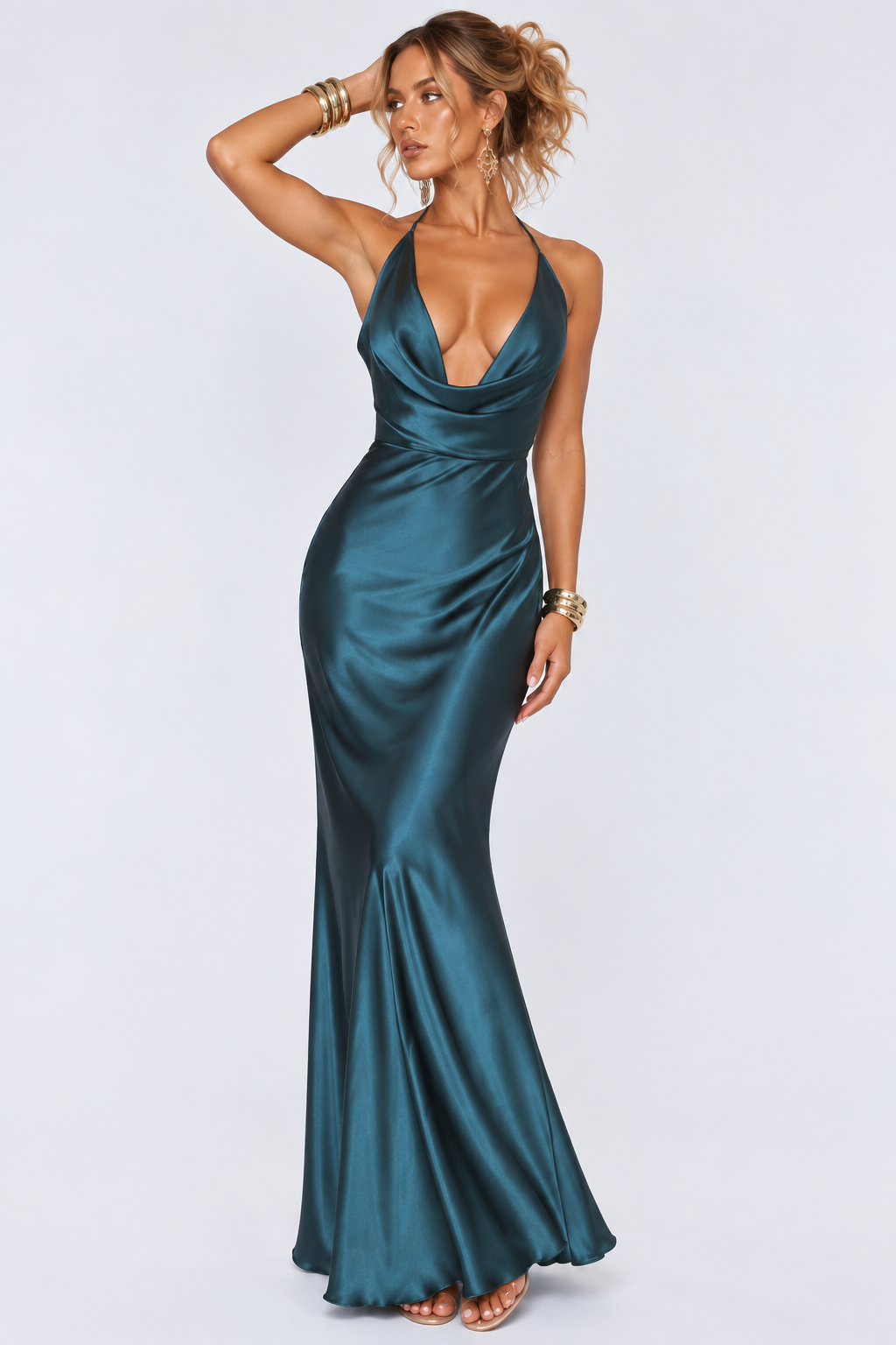 Teal Satin Halter Cowl-Neck Mermaid Maxi Dress