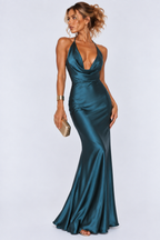 Teal Satin Halter Cowl-Neck Mermaid Maxi Dress