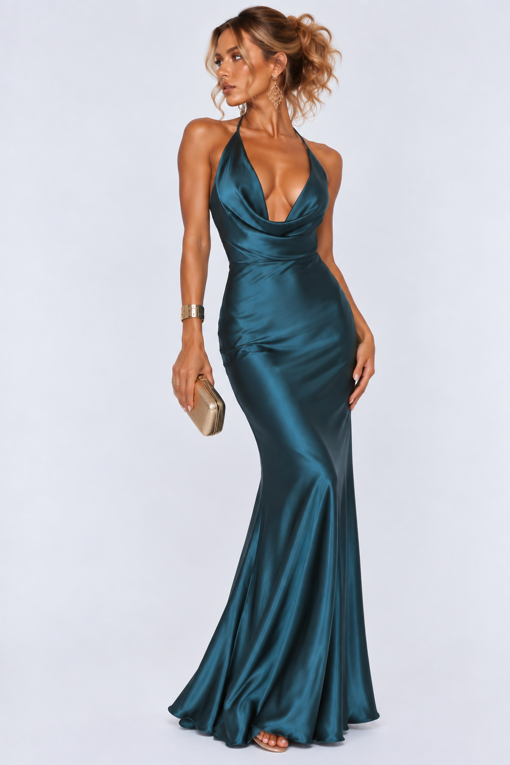 Teal Satin Halter Cowl-Neck Mermaid Maxi Dress