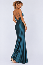 Teal Satin Halter Cowl-Neck Mermaid Maxi Dress