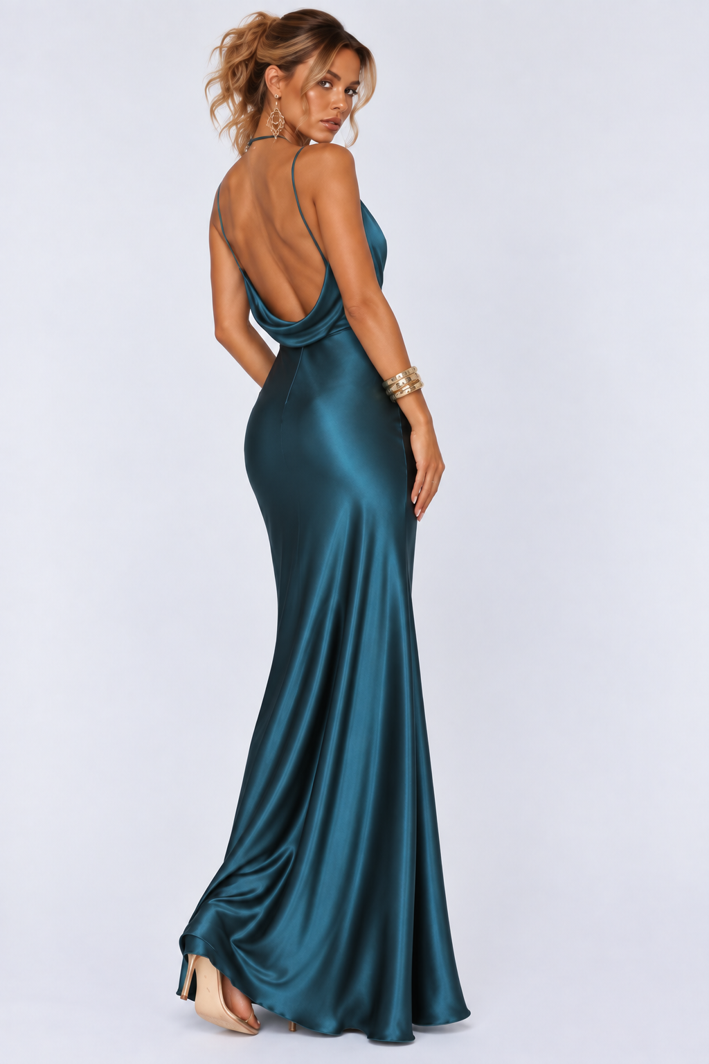 Teal Satin Halter Cowl-Neck Mermaid Maxi Dress