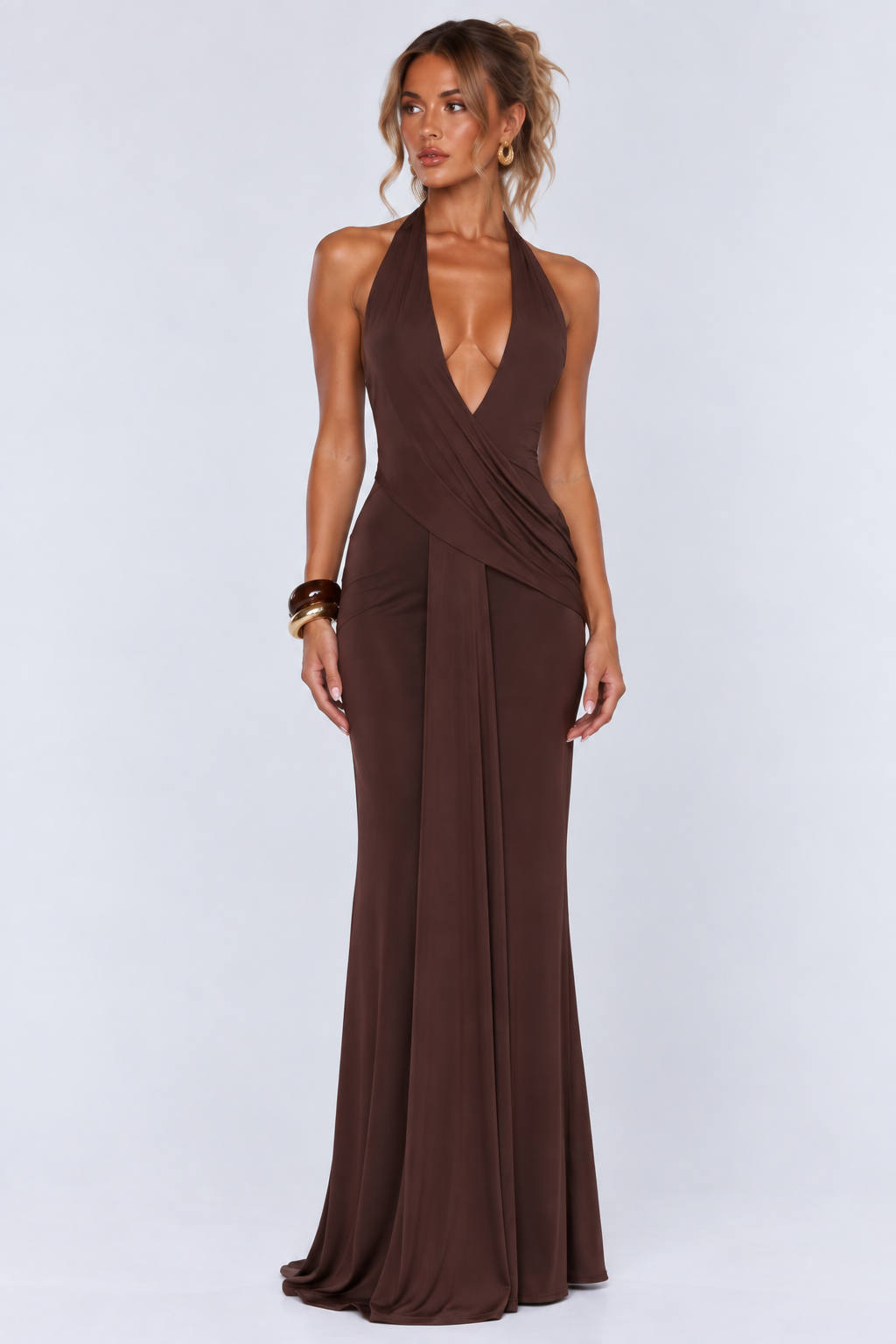 Chocolate Brown Halter-Neck Draped Maxi Dress