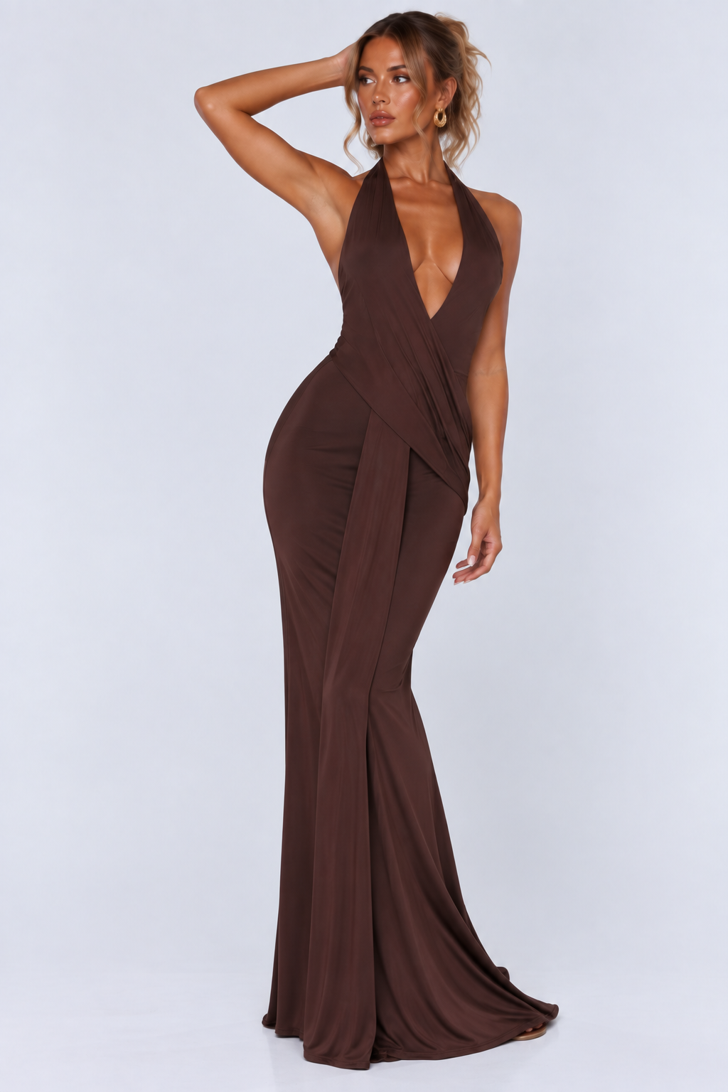 Chocolate Brown Halter-Neck Draped Maxi Dress