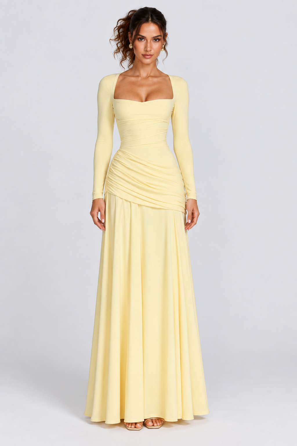 Butter Yellow Off-Shoulder Draped Maxi Dress
