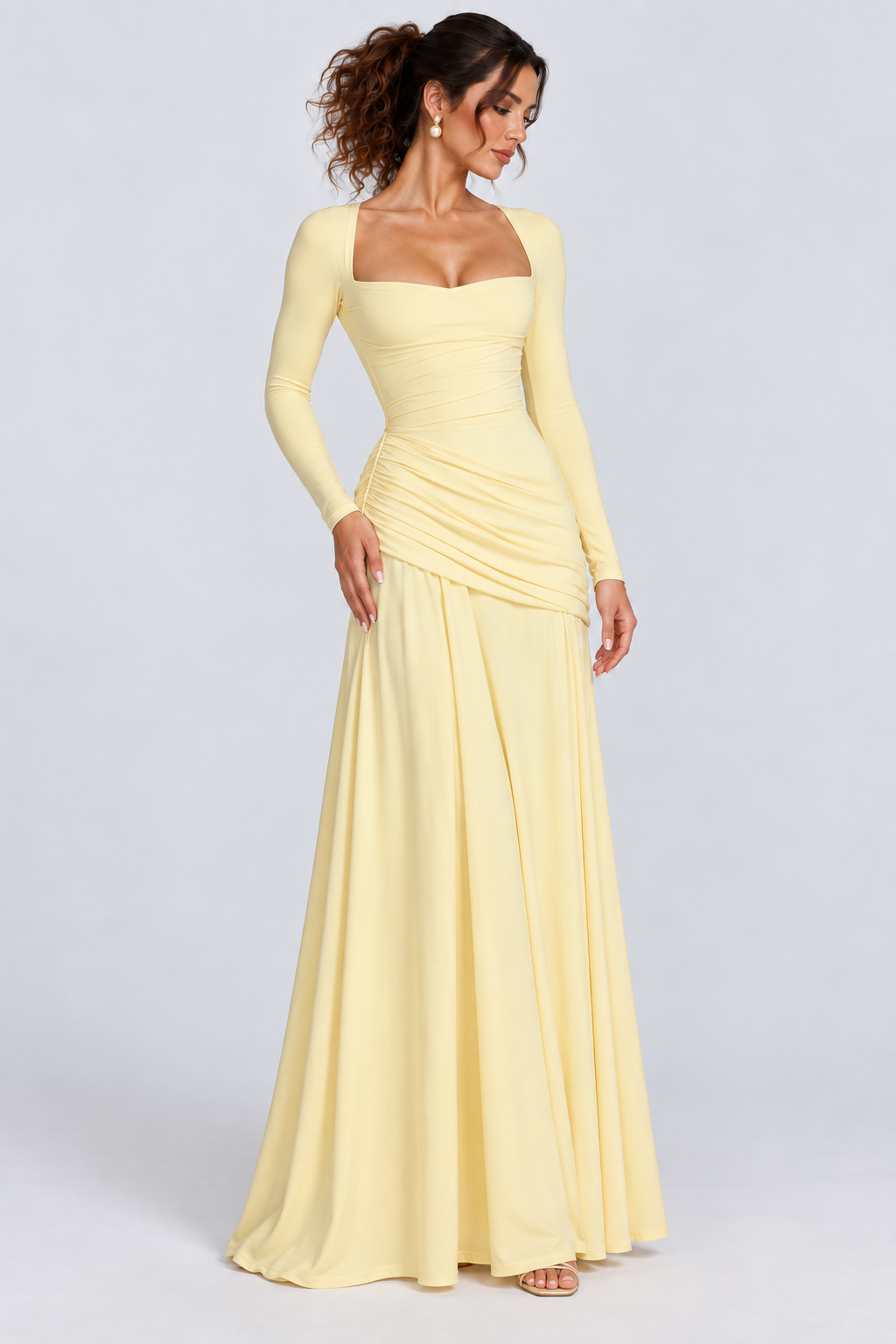 Butter Yellow Off-Shoulder Draped Maxi Dress