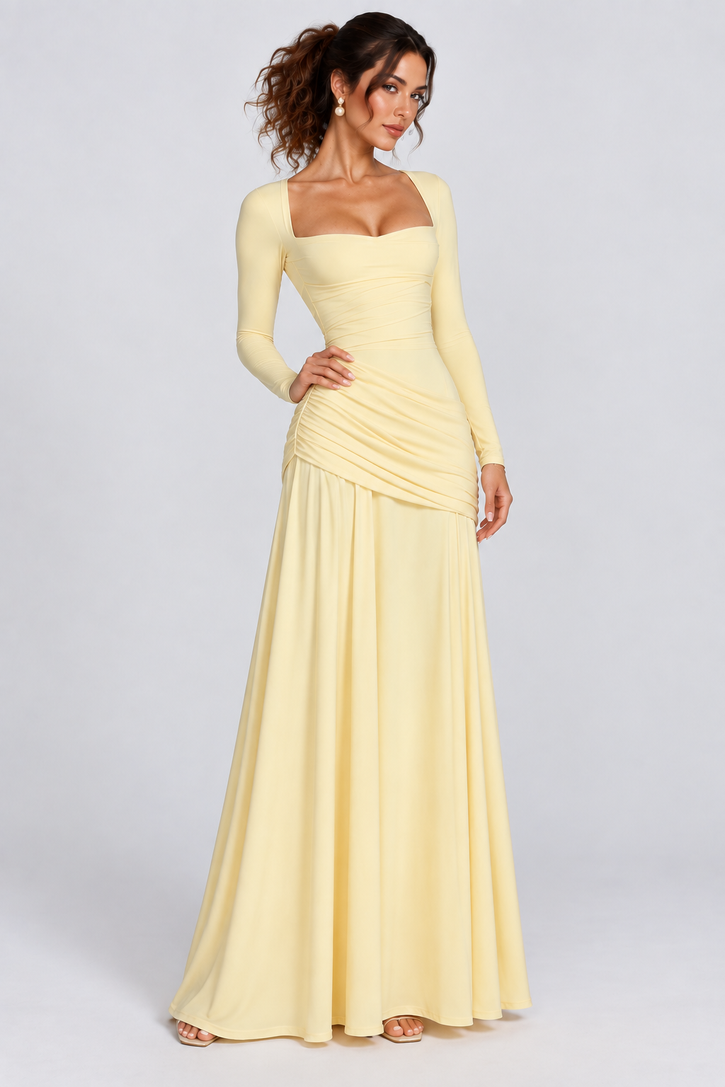 Butter Yellow Off-Shoulder Draped Maxi Dress