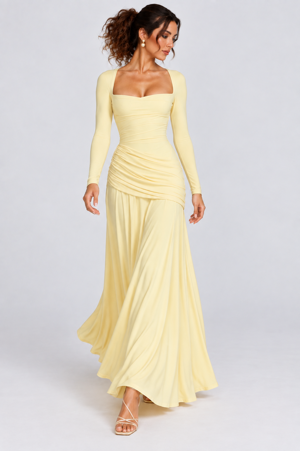 Butter Yellow Off-Shoulder Draped Maxi Dress