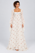 Ivory Floral Puff Sleeve Maxi Dress