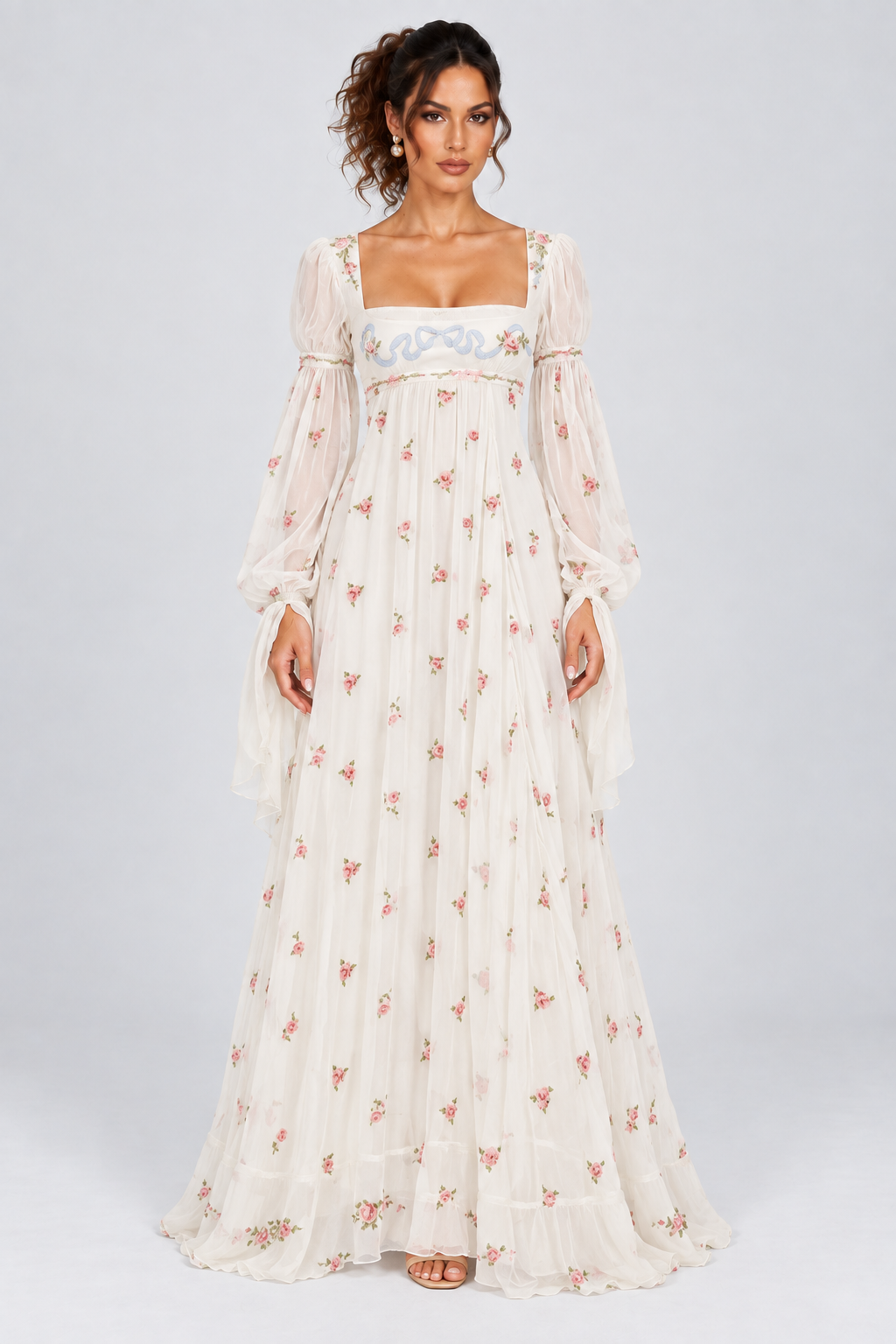 Ivory Floral Puff Sleeve Maxi Dress
