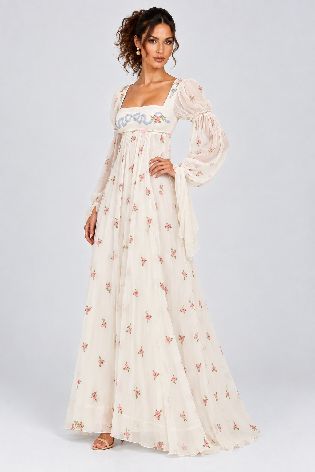 Ivory Floral Puff Sleeve Maxi Dress