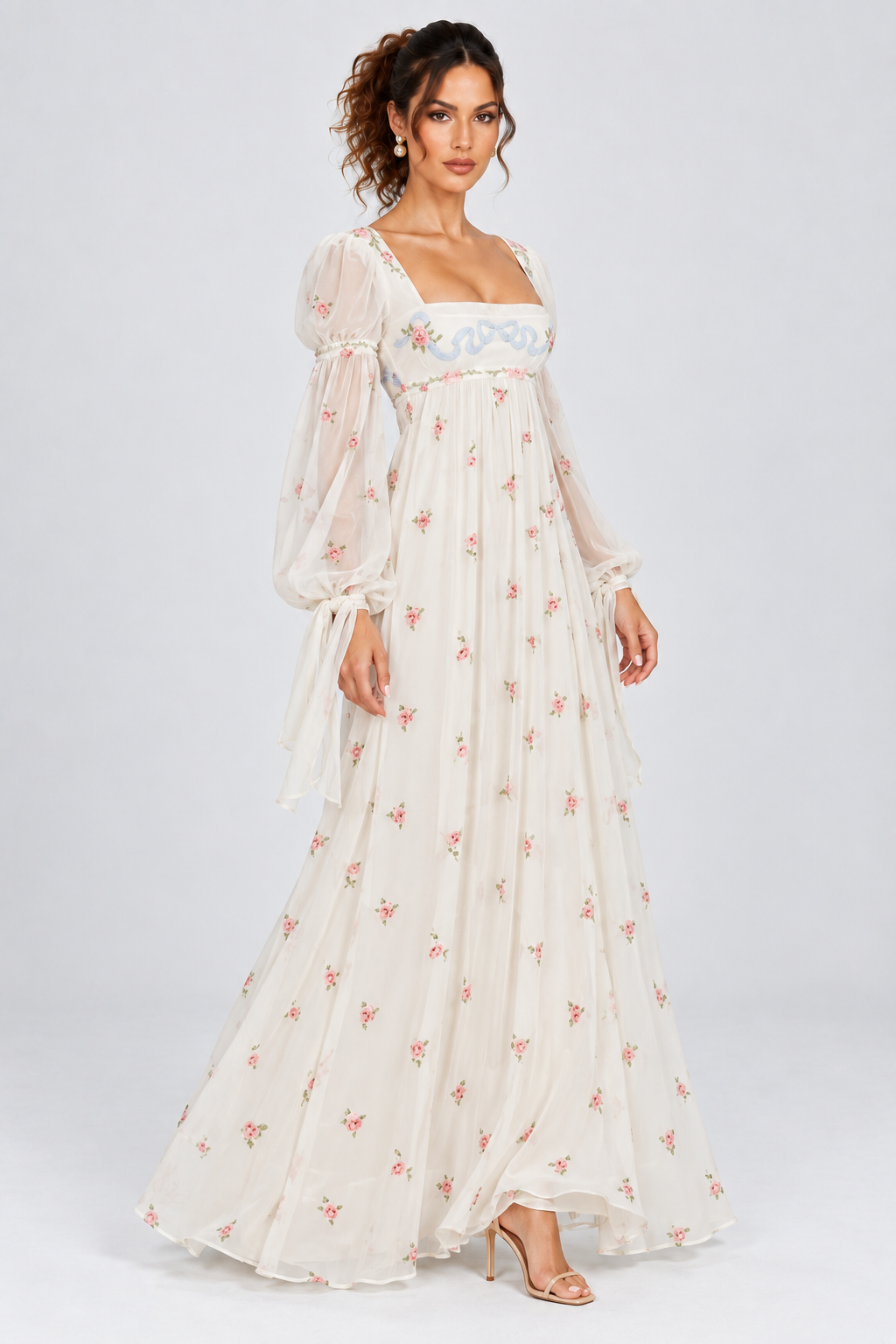 Ivory Floral Puff Sleeve Maxi Dress
