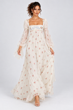 Ivory Floral Puff Sleeve Maxi Dress