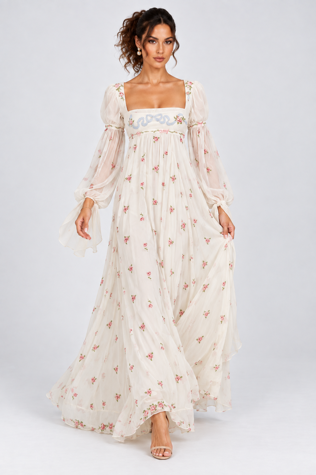 Ivory Floral Puff Sleeve Maxi Dress