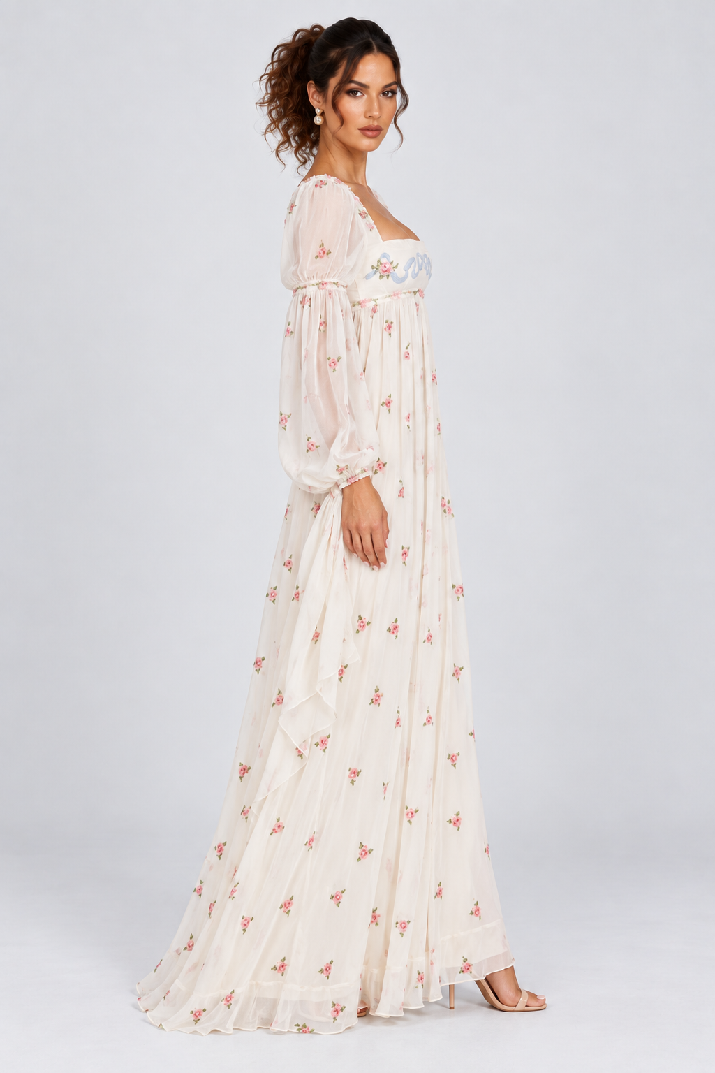 Ivory Floral Puff Sleeve Maxi Dress