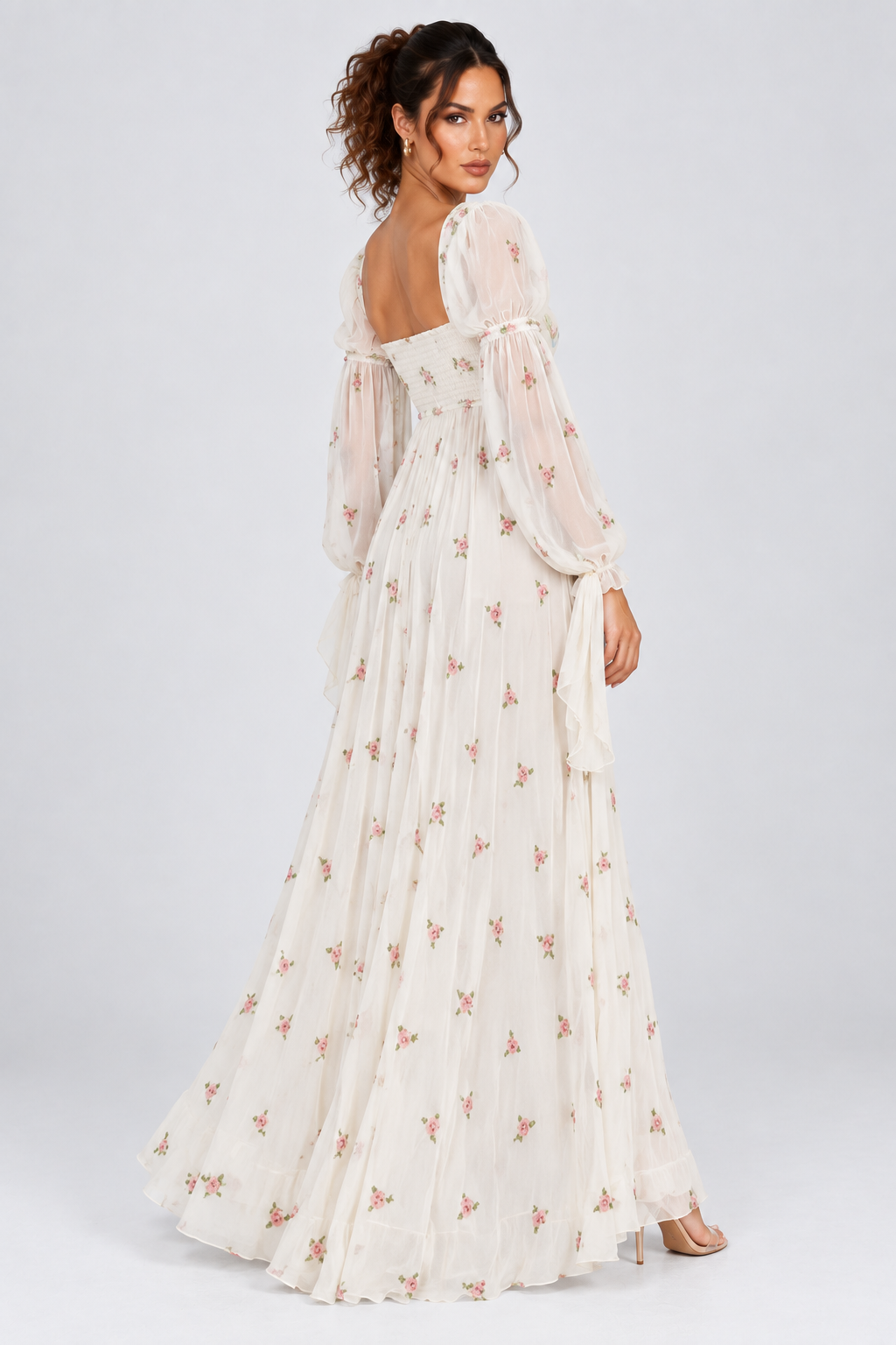 Ivory Floral Puff Sleeve Maxi Dress