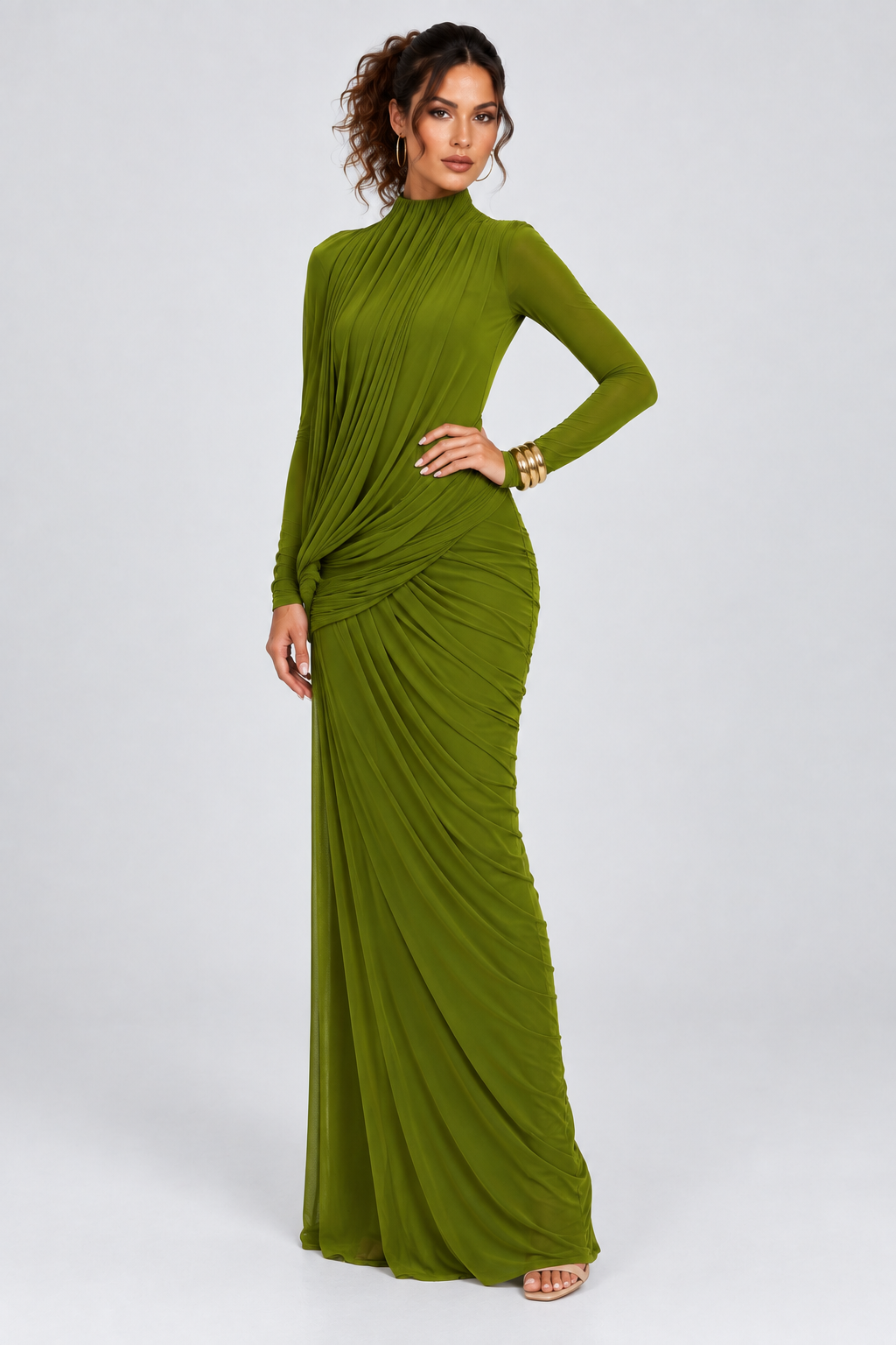 Olive Green Draped Long Sleeve Maxi Dress